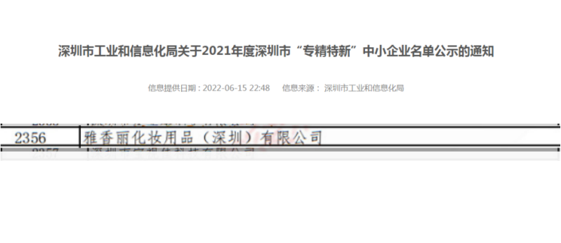 黄色视频观看入口化妝用品（深圳）有限公司榮獲2021年度深圳“專精特新”企業